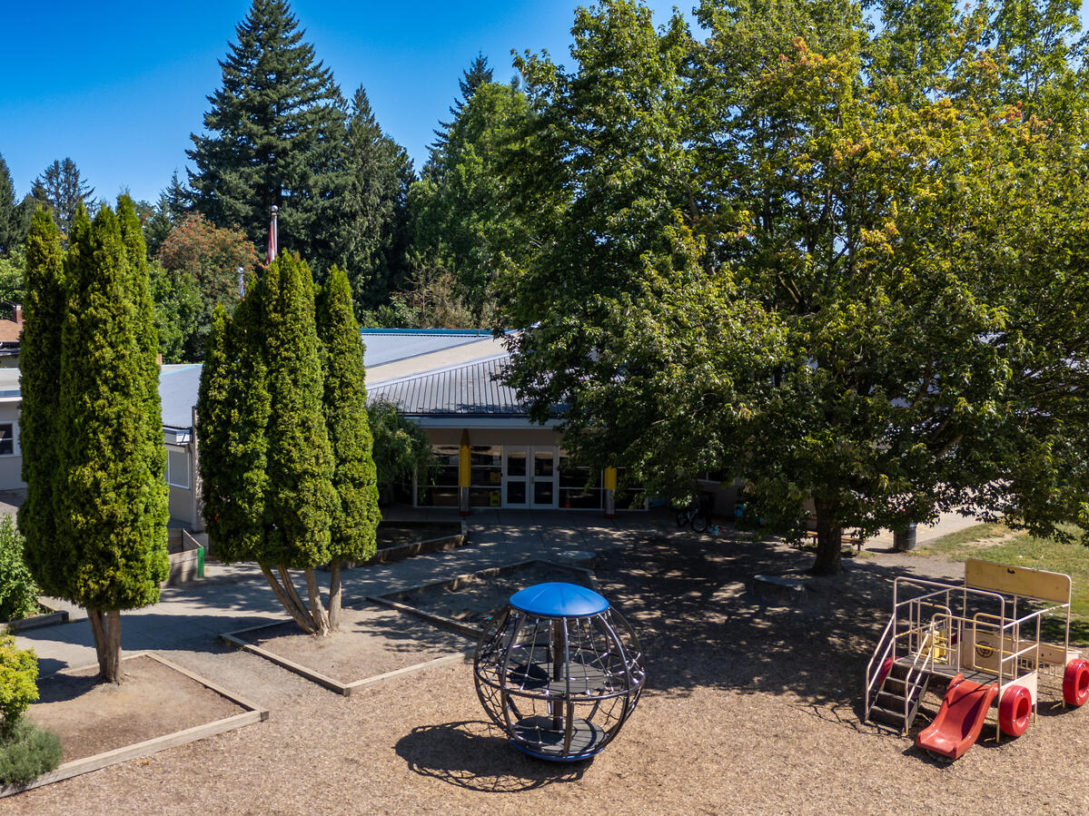 Entrance to an elementary school building. Large green trees, a playground and blue sky above.